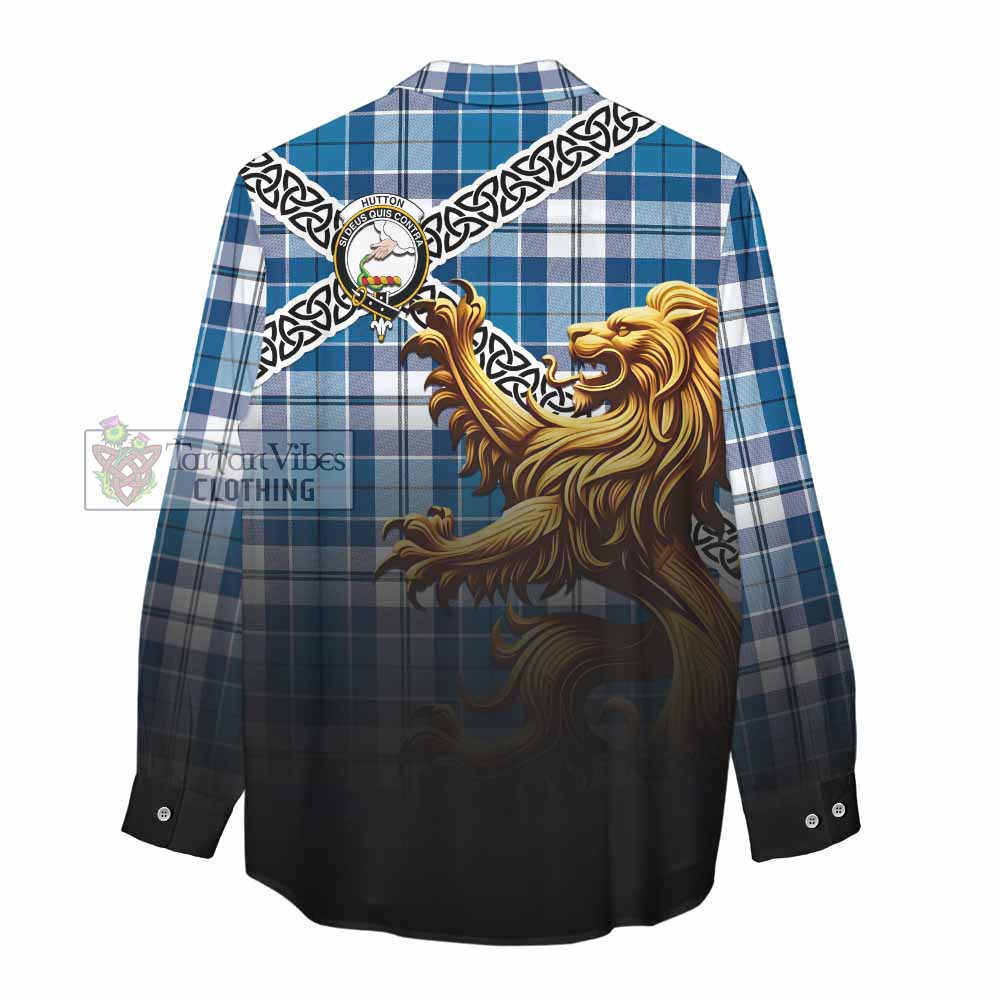 Hutton Crest Tartan Women's Casual Shirt with Golden Lion Emblem Celtic Style - Tartan Vibes Clothing