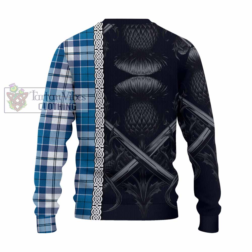 Hutton Tartan Knitted Sweater with Family Crest Cross Sword Thistle Celtic Vibes - Tartan Vibes Clothing