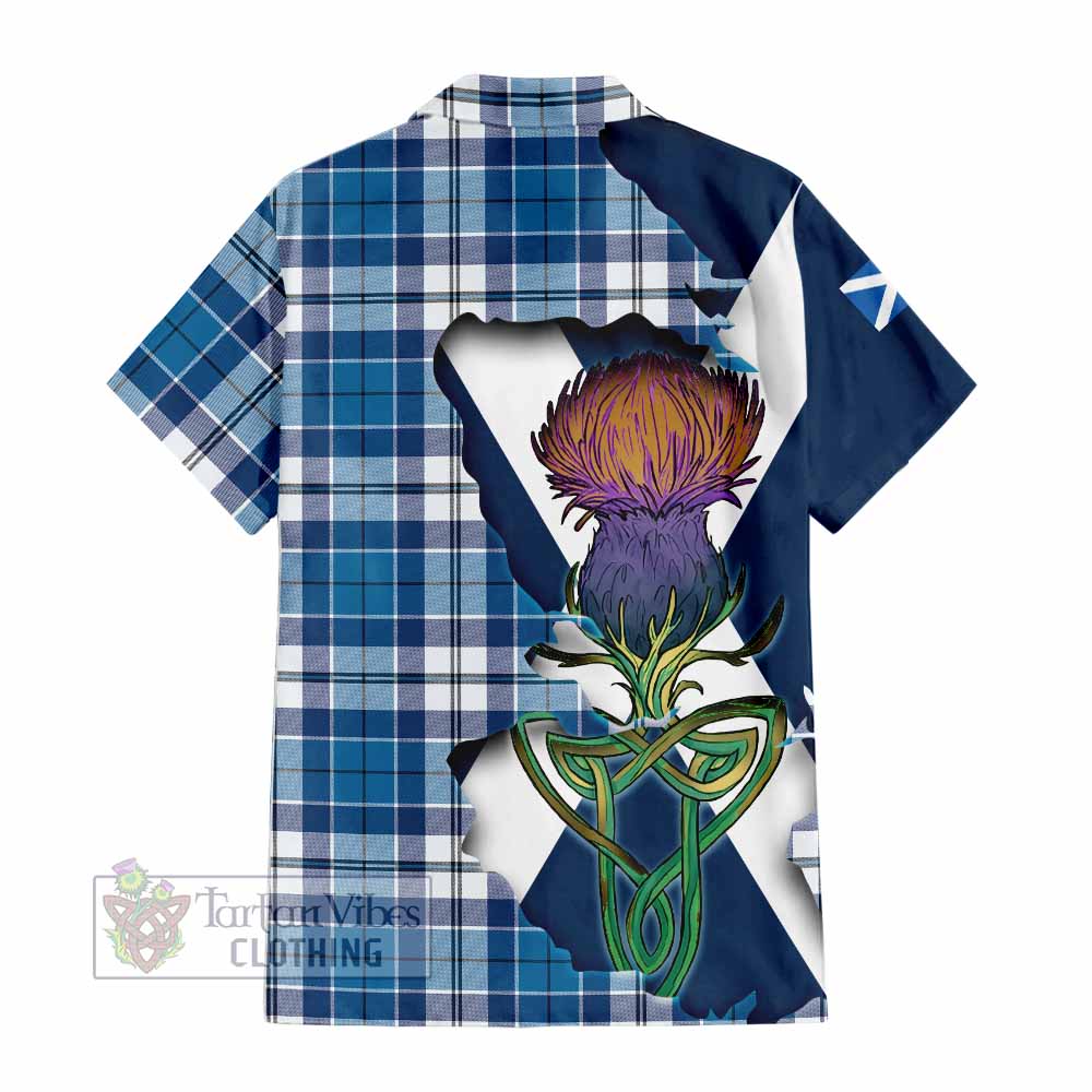 Tartan Vibes Clothing Hutton Tartan Family Crest Short Sleeve Button Shirt Scottish Thistle Celtic Inspired