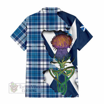 Tartan Vibes Clothing Hutton Tartan Family Crest Short Sleeve Button Shirt Scottish Thistle Celtic Inspired