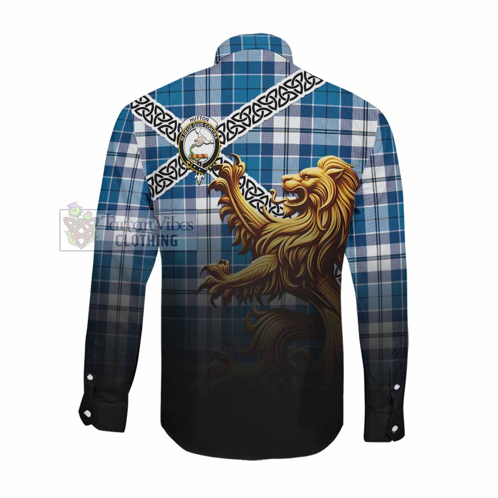 Tartan Vibes Clothing Hutton Crest Tartan Long Sleeve Button Shirt with Golden Lion Emblem Celtic Style