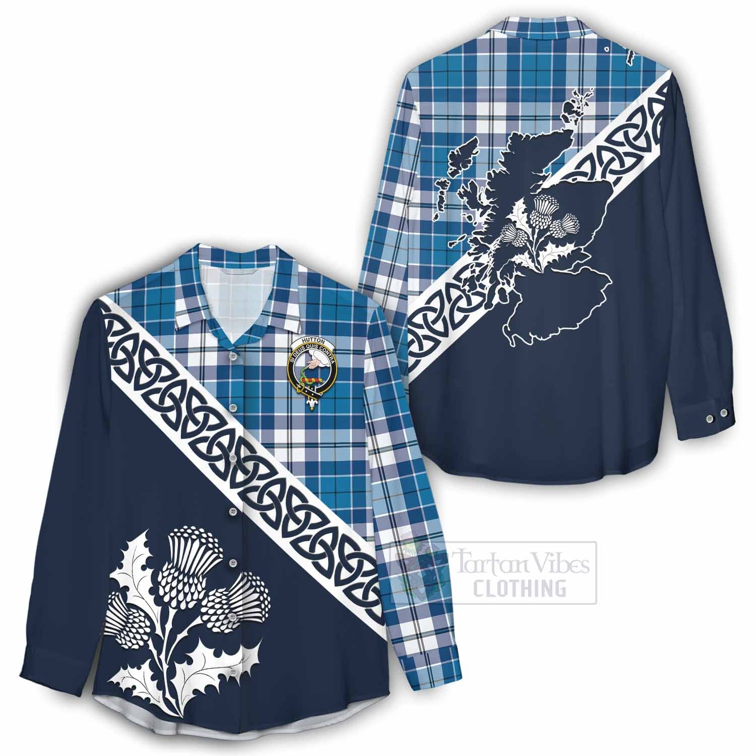 Hutton Tartan Women's Casual Shirt Featuring Thistle and Scotland Map - Tartan Vibes Clothing