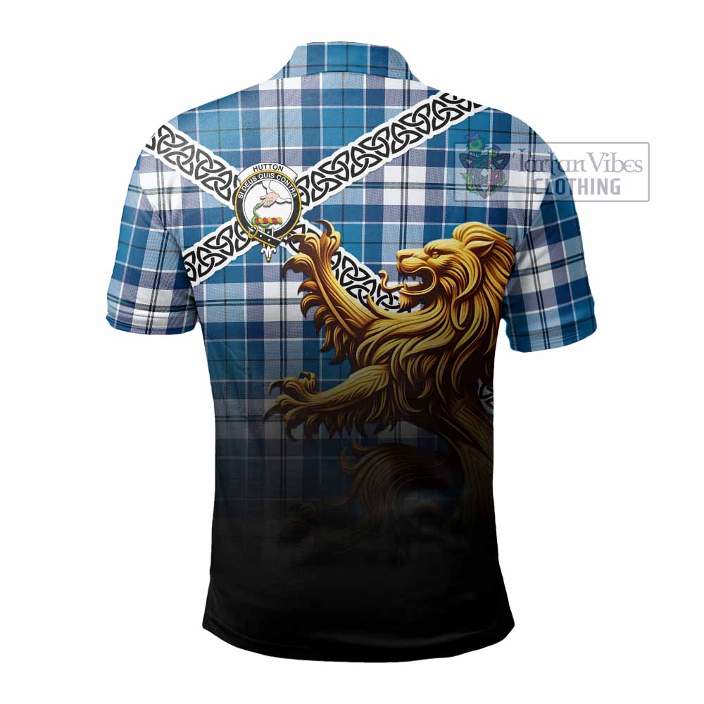 Hutton Crest Tartan Polo Shirt with Golden Lion Emblem Celtic Style - Tartan Vibes Clothing
