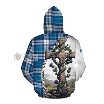 Hutton Tartan Cotton Hoodie with Family Crest and St. Andrew's Cross Accented by Thistle Vines