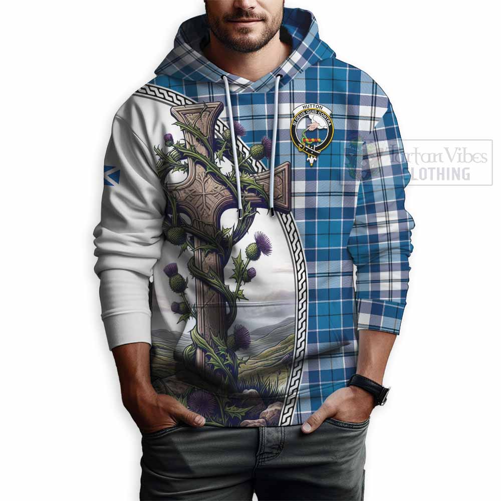 Hutton Tartan Hoodie with Family Crest and St. Andrew's Cross Accented by Thistle Vines - Tartan Vibes Clothing
