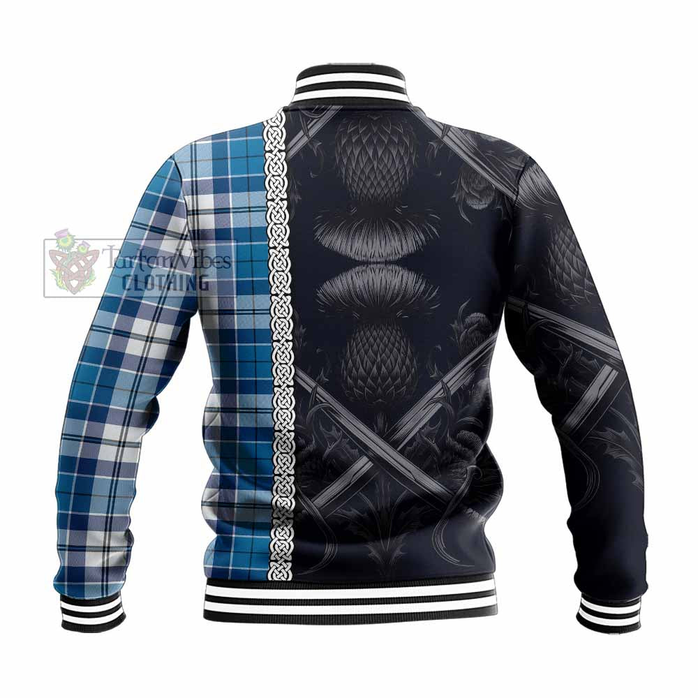 Hutton Tartan Baseball Jacket with Family Crest Cross Sword Thistle Celtic Vibes - Tartan Vibes Clothing