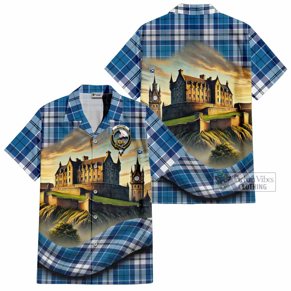 Hutton Tartan Family Crest Hawaiian Shirt with Scottish Ancient Castle Style - Tartan Vibes Clothing
