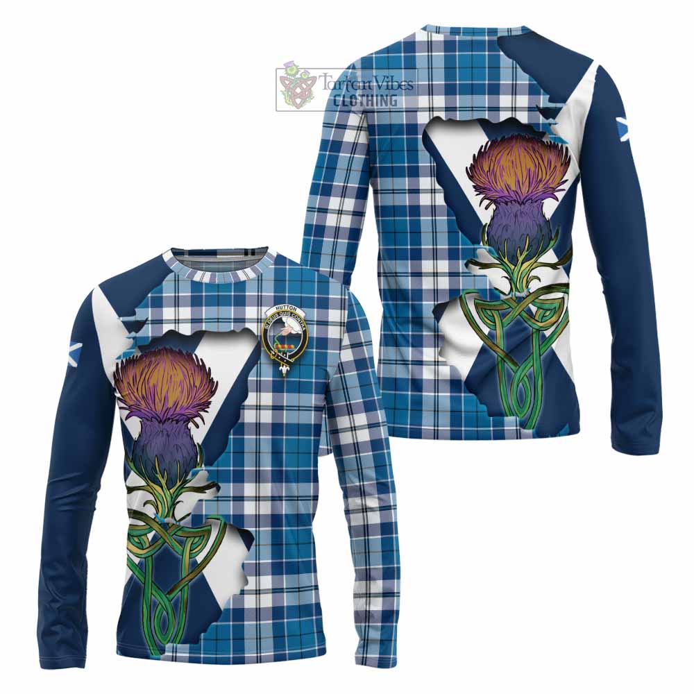 Tartan Vibes Clothing Hutton Tartan Family Crest Long Sleeve T-Shirt Scottish Thistle Celtic Inspired