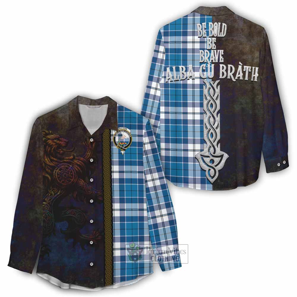 Tartan Vibes Clothing Hutton Tartan Family Crest Women's Casual Shirt Alba Gu Brath Be Brave Lion Ancient Style