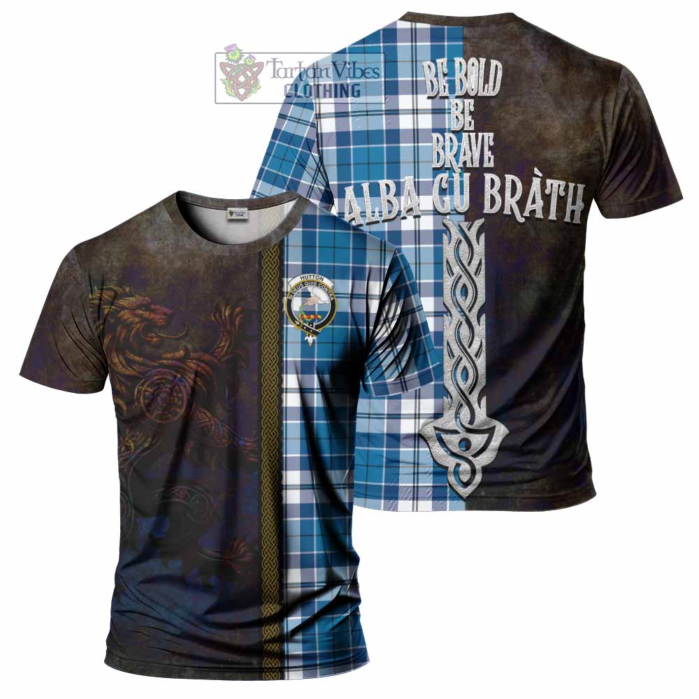 Hutton Tartan Family Crest T-Shirt Alba Gu Brath Be Brave Lion Ancient Style - Tartan Vibes Clothing