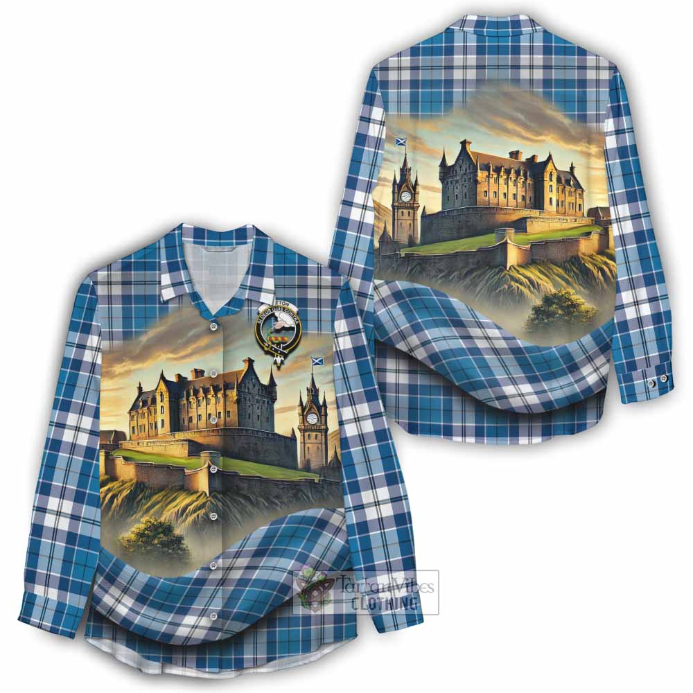Hutton Tartan Family Crest Women's Casual Shirt with Scottish Ancient Castle Style - Tartan Vibes Clothing