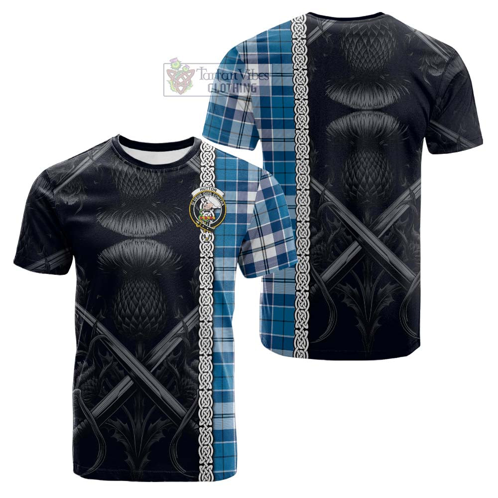 Tartan Vibes Clothing Hutton Tartan Cotton T-shirt with Family Crest Cross Sword Thistle Celtic Vibes