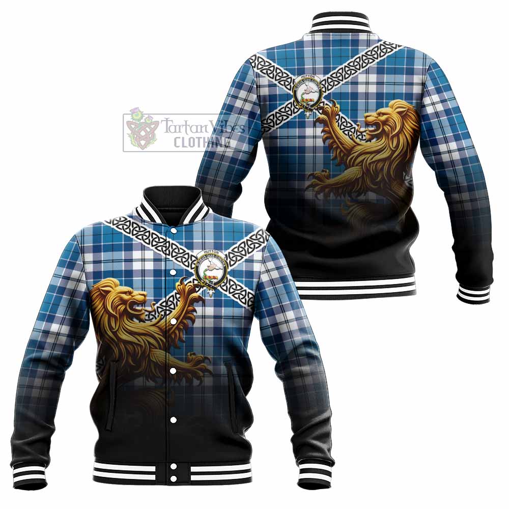 Hutton Crest Tartan Baseball Jacket with Golden Lion Emblem Celtic Style - Tartan Vibes Clothing