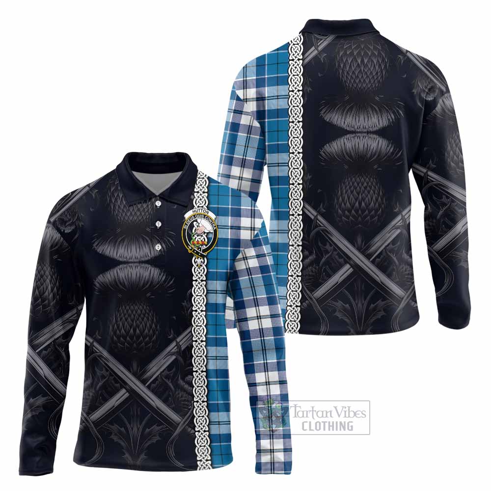 Hutton Tartan Long Sleeve Polo Shirt with Family Crest Cross Sword Thistle Celtic Vibes - Tartan Vibes Clothing