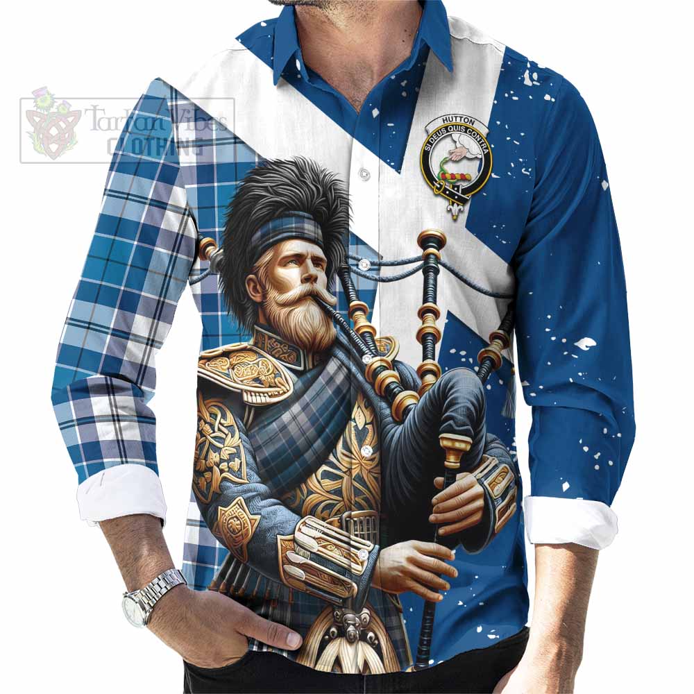 Hutton Tartan Long Sleeve Button Shirt with Family Crest Scottish Bagpiper Vibes - Tartan Vibes Clothing