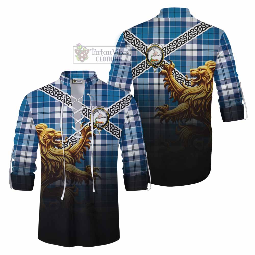 Hutton Crest Tartan Ghillie Kilt Shirt with Golden Lion Emblem Celtic Style - Tartan Vibes Clothing