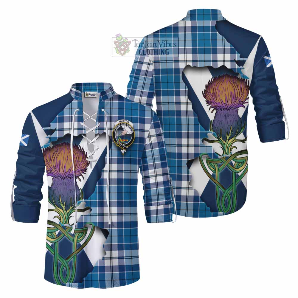 Tartan Vibes Clothing Hutton Tartan Family Crest Ghillie Kilt Shirt Scottish Thistle Celtic Inspired