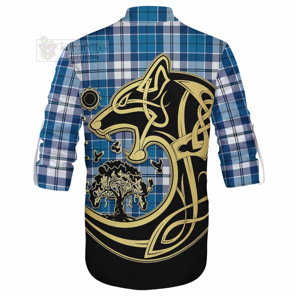 Hutton Tartan Ghillie Kilt Shirt with Family Crest Celtic Wolf Style - Tartan Vibes Clothing
