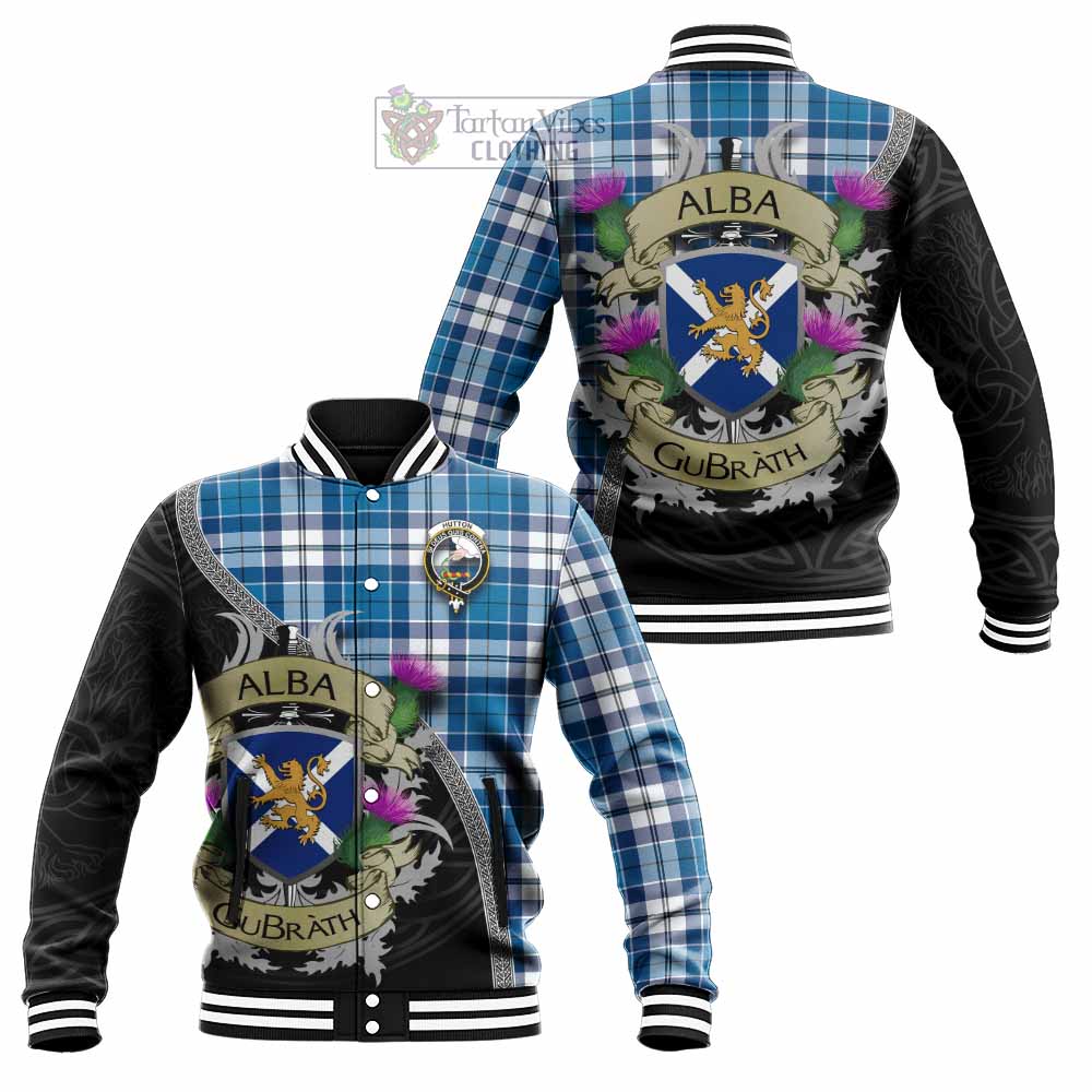 Hutton Tartan Family Crest Baseball Jacket Lion Rampant Royal Thistle Shield Celtic Inspired - Tartan Vibes Clothing