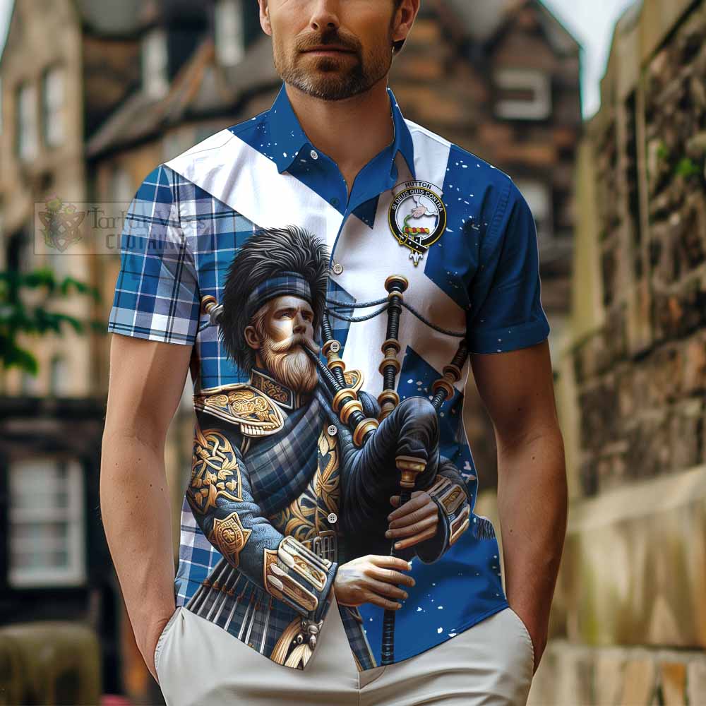 Hutton Tartan Hawaiian Shirt with Family Crest Scottish Bagpiper Vibes - Tartan Vibes Clothing