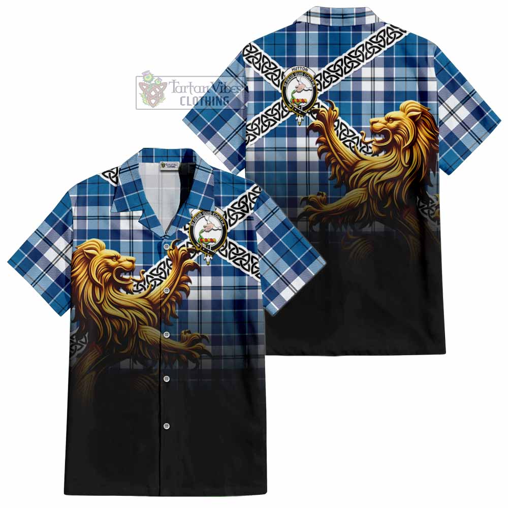 Hutton Crest Tartan Hawaiian Shirt with Golden Lion Emblem Celtic Style - Tartan Vibes Clothing