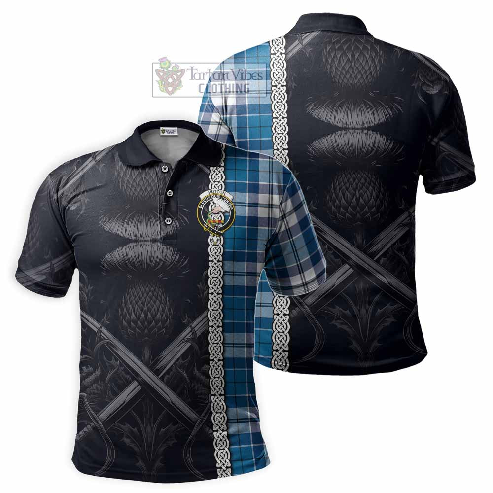 Hutton Tartan Polo Shirt with Family Crest Cross Sword Thistle Celtic Vibes - Tartan Vibes Clothing