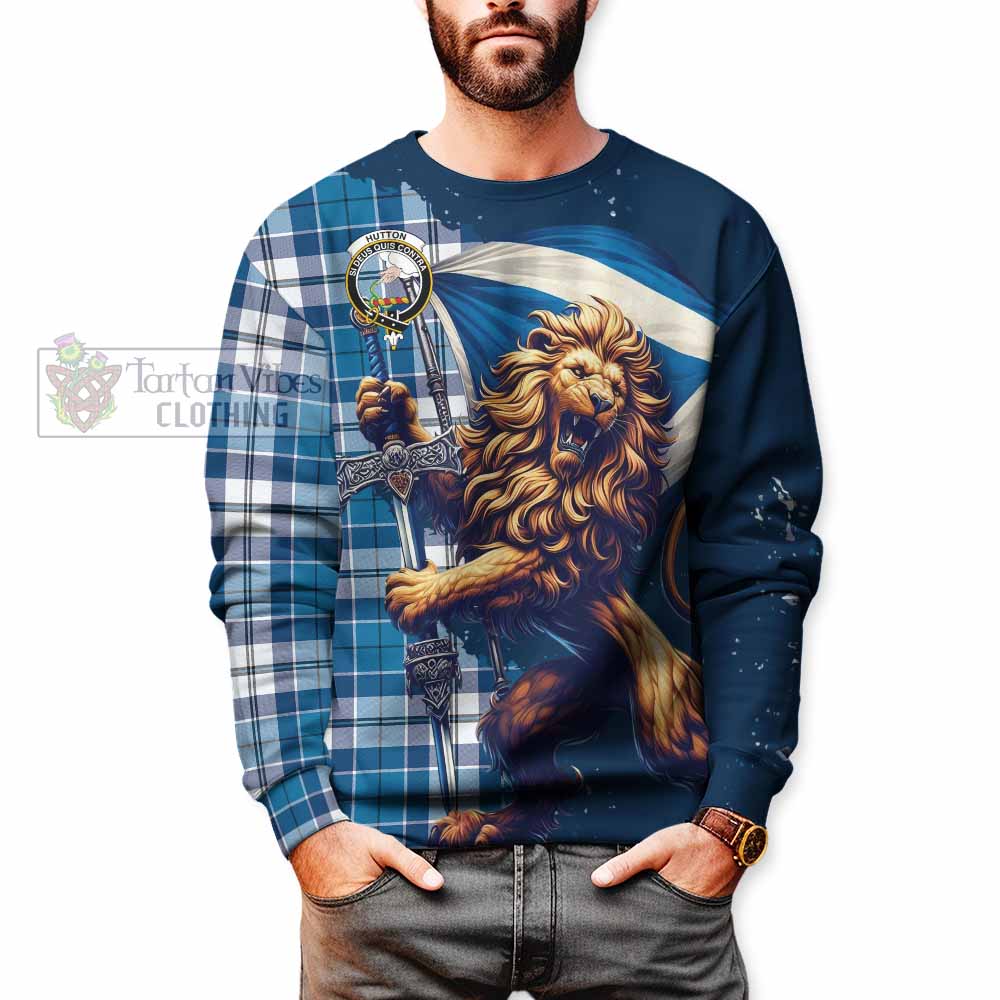 Hutton Tartan Family Crest Sweatshirt with Scottish Majestic Lion - Tartan Vibes Clothing