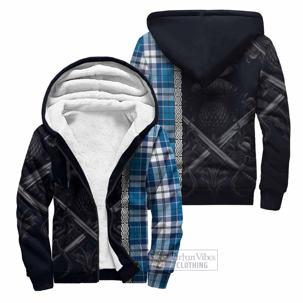Hutton Tartan Sherpa Hoodie with Family Crest Cross Sword Thistle Celtic Vibes Unisex - Tartan Vibes Clothing