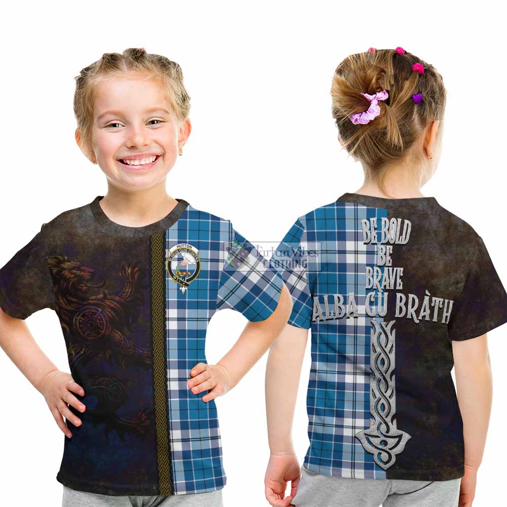 Tartan Vibes Clothing Hutton Tartan Family Crest Kid T-Shirt Alba Gu Brath Be Brave Lion Ancient Style