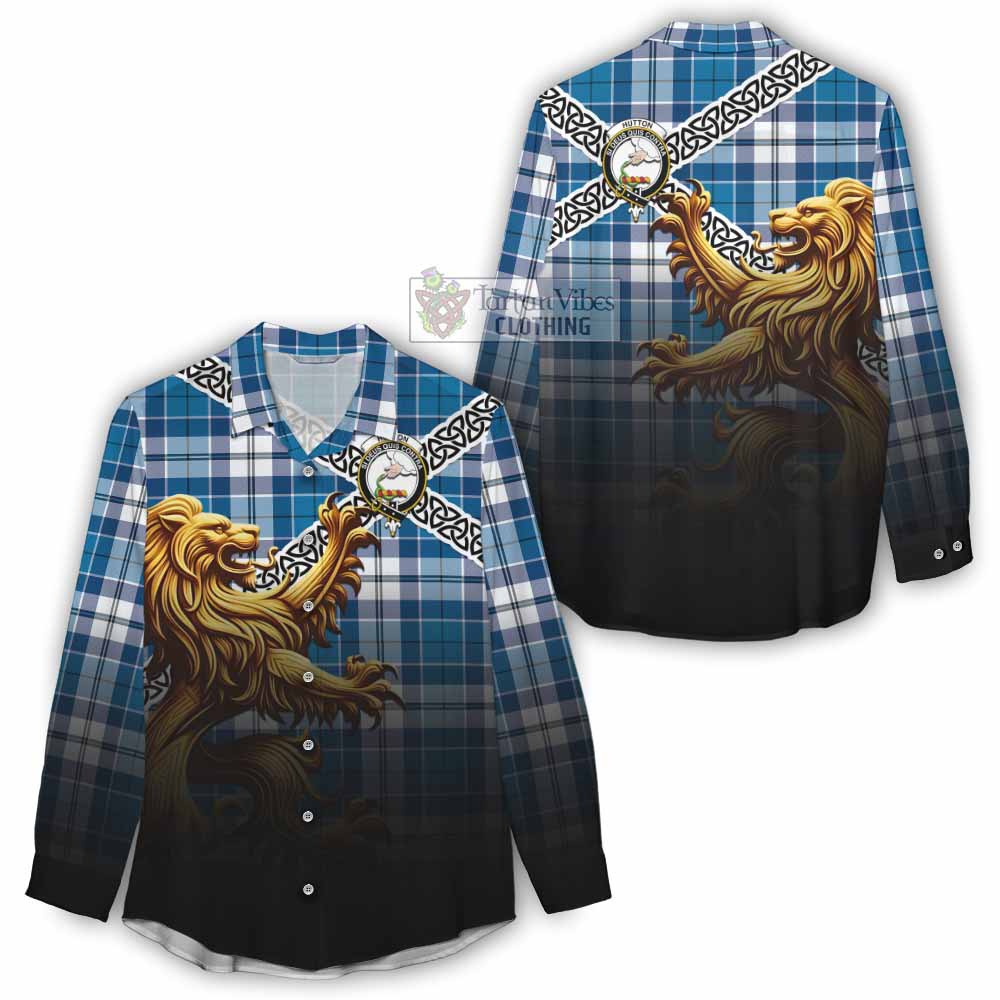 Hutton Crest Tartan Women's Casual Shirt with Golden Lion Emblem Celtic Style - Tartan Vibes Clothing