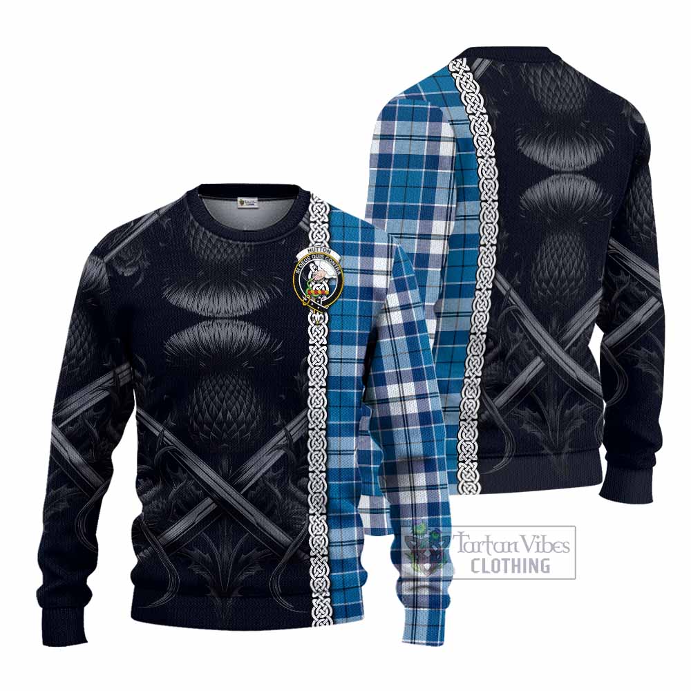 Hutton Tartan Knitted Sweater with Family Crest Cross Sword Thistle Celtic Vibes - Tartan Vibes Clothing