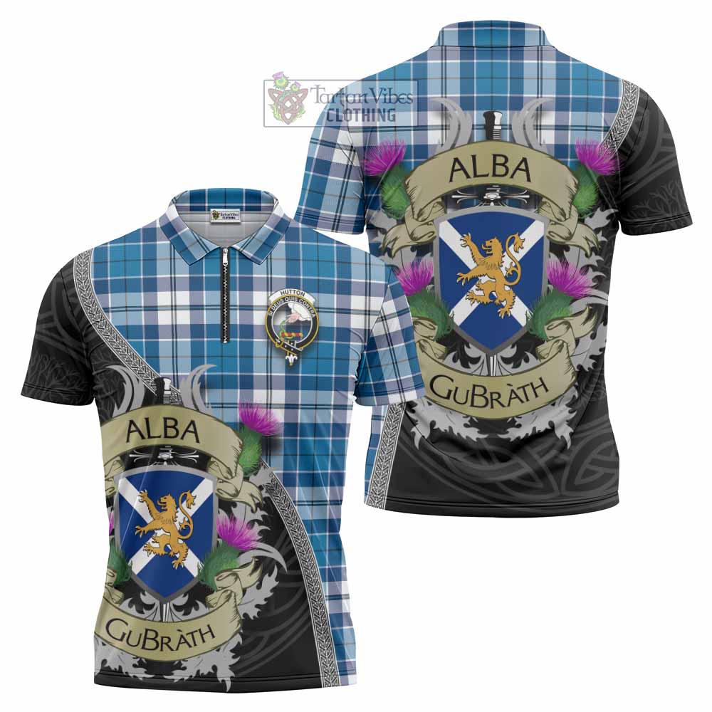 Hutton Tartan Family Crest Zipper Polo Shirt Lion Rampant Royal Thistle Shield Celtic Inspired - Tartan Vibes Clothing