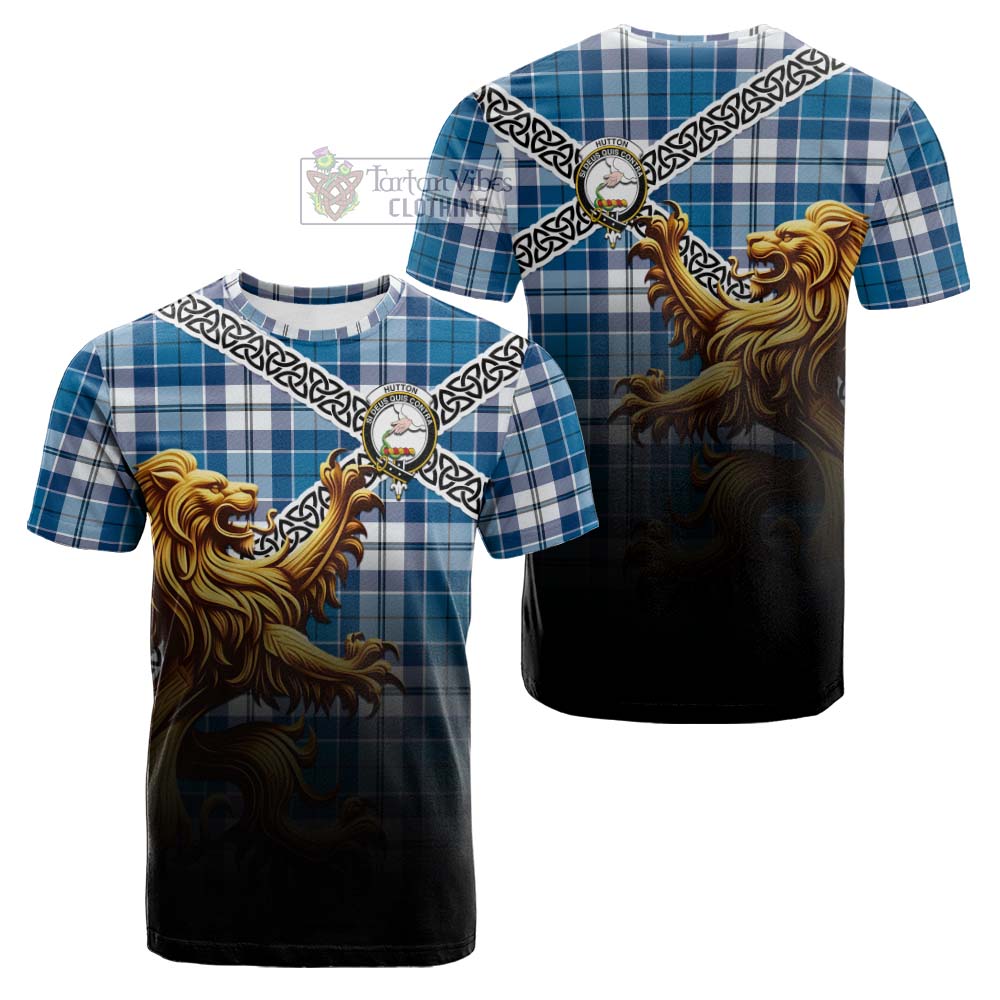 Hutton Crest Tartan Cotton T-shirt with Golden Lion Emblem Celtic Style - Tartan Vibes Clothing