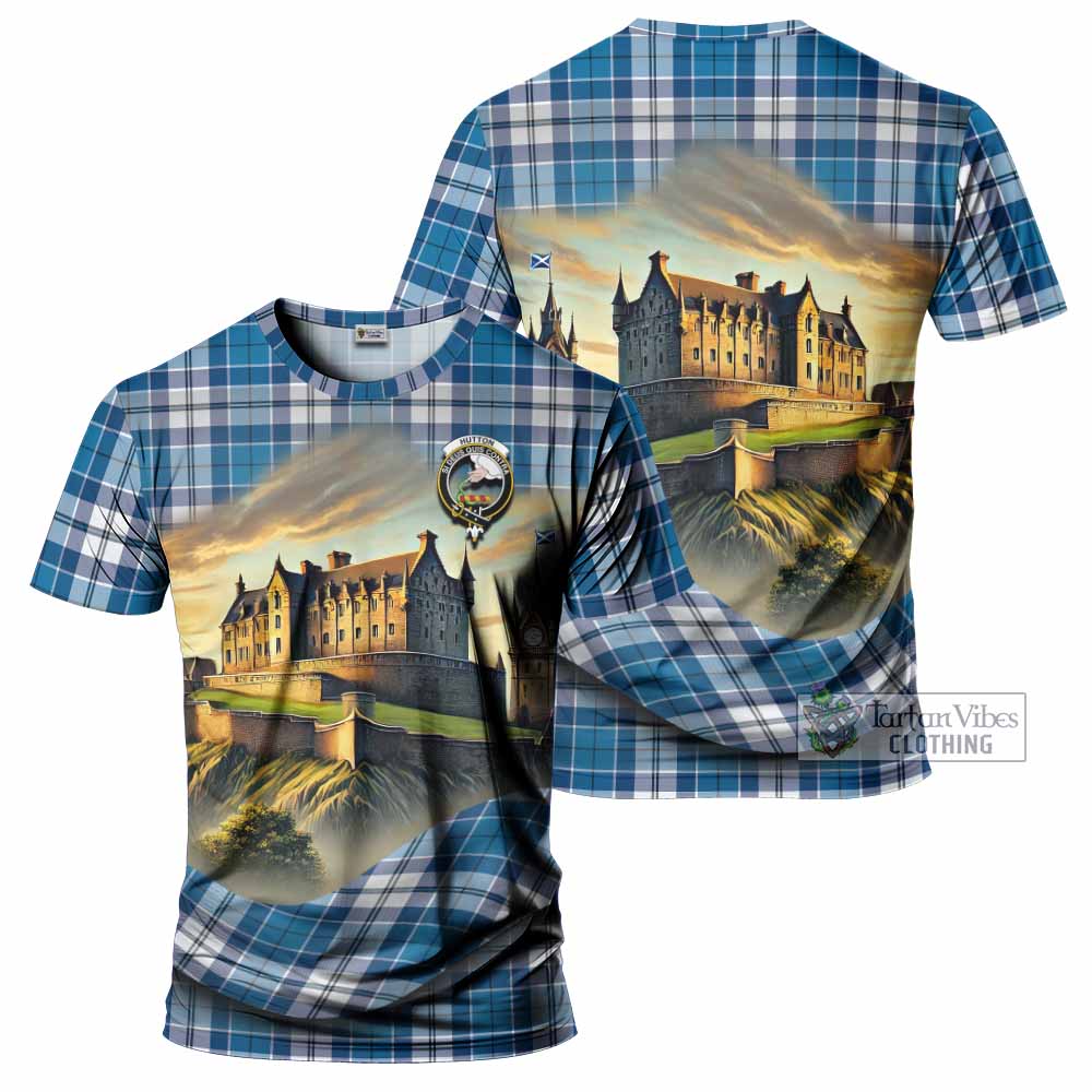 Hutton Tartan Family Crest T-Shirt with Scottish Ancient Castle Style - Tartan Vibes Clothing