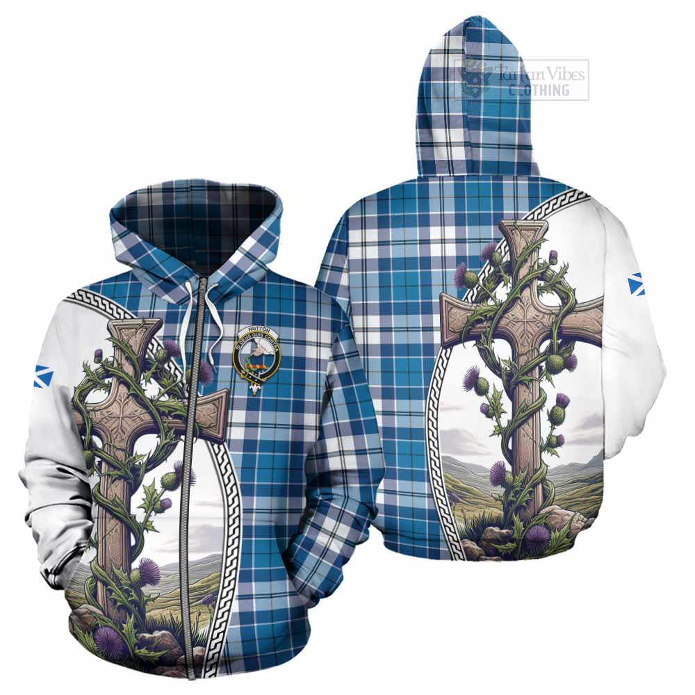 Hutton Tartan Hoodie with Family Crest and St. Andrew's Cross Accented by Thistle Vines - Tartan Vibes Clothing