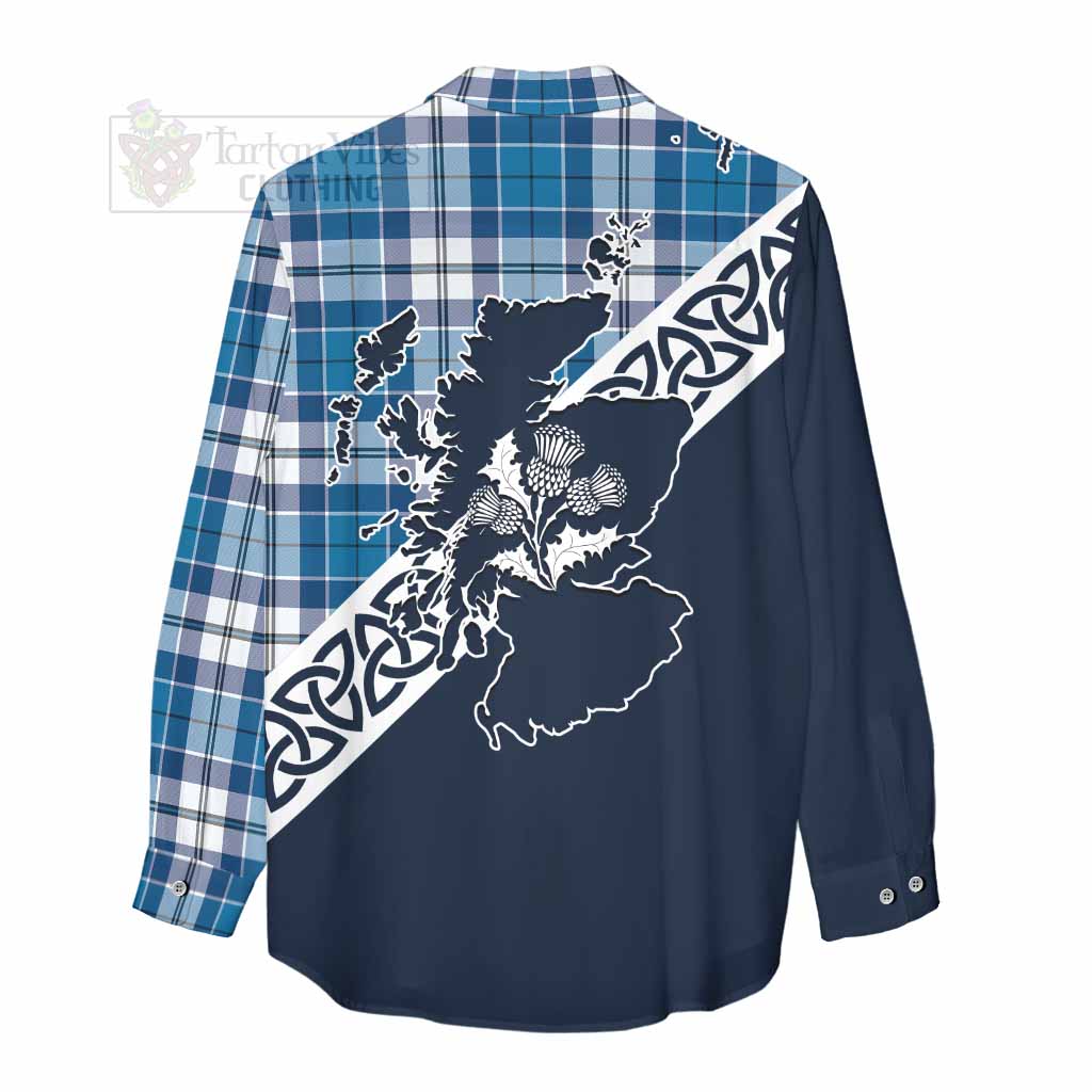 Hutton Tartan Women's Casual Shirt Featuring Thistle and Scotland Map - Tartan Vibes Clothing