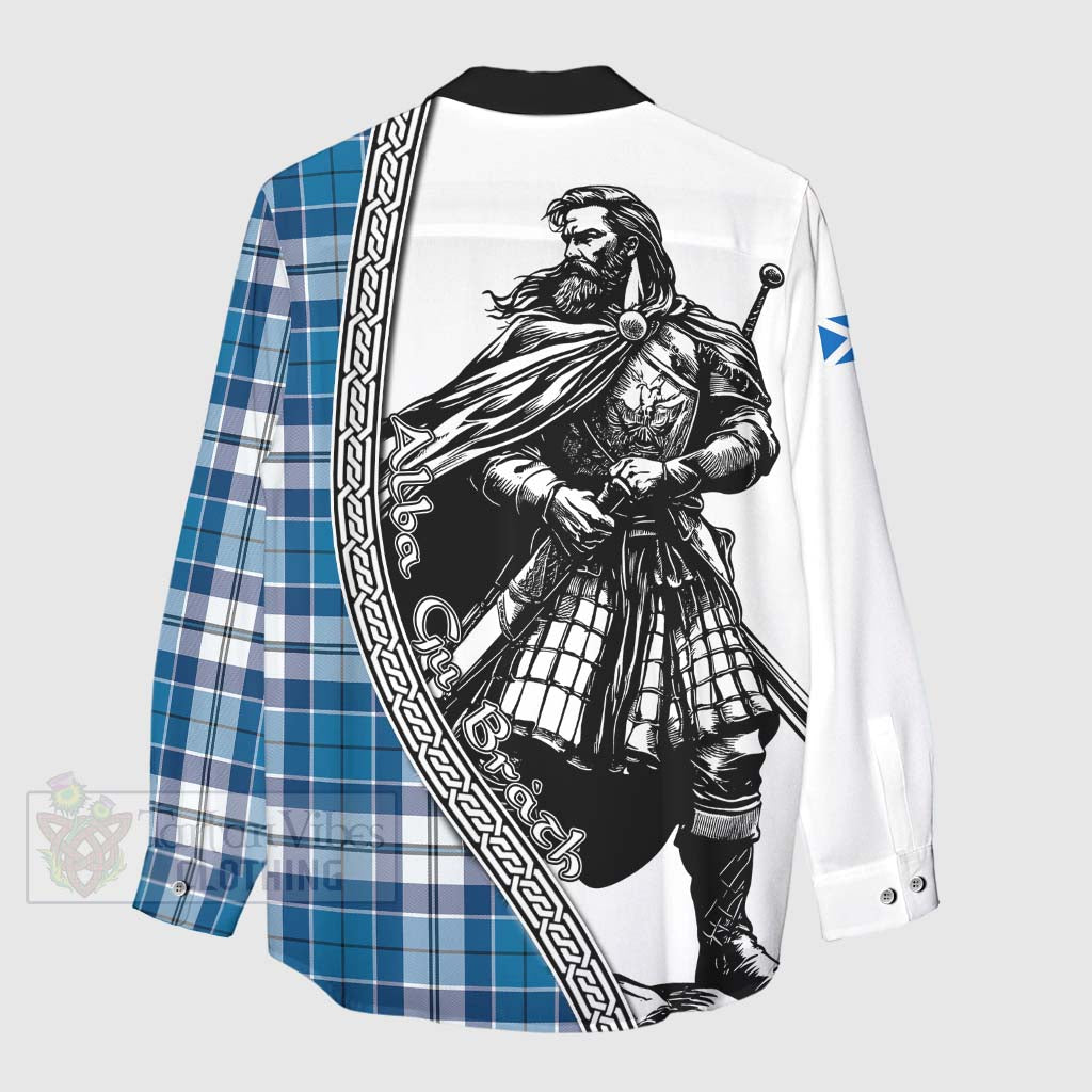 Hutton Tartan Clan Crest Women's Casual Shirt with Highlander Warrior Celtic Style - Tartan Vibes Clothing