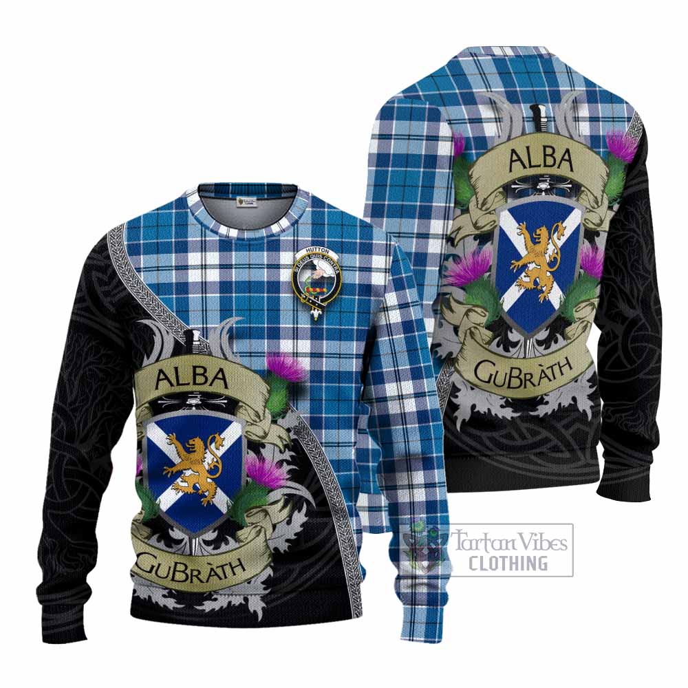 Hutton Tartan Family Crest Knitted Sweater Lion Rampant Royal Thistle Shield Celtic Inspired - Tartan Vibes Clothing