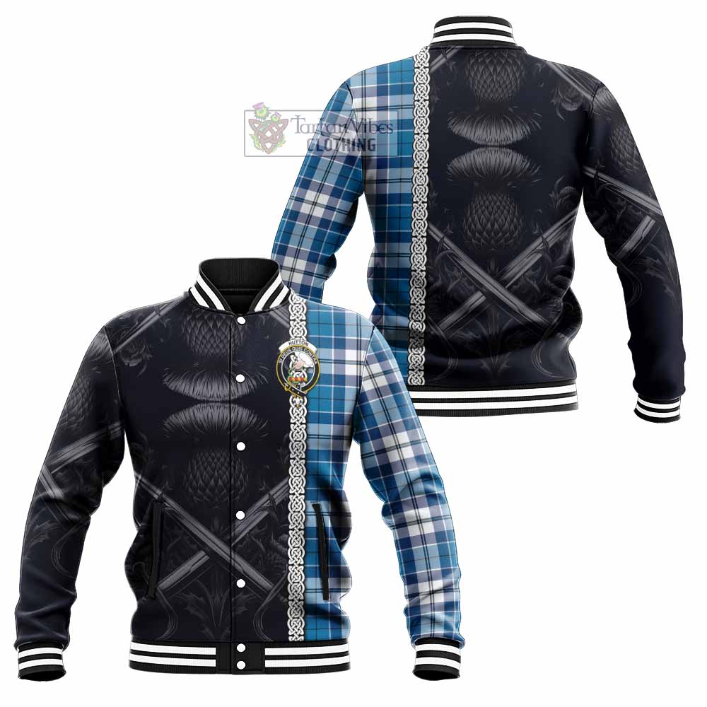 Hutton Tartan Baseball Jacket with Family Crest Cross Sword Thistle Celtic Vibes - Tartan Vibes Clothing