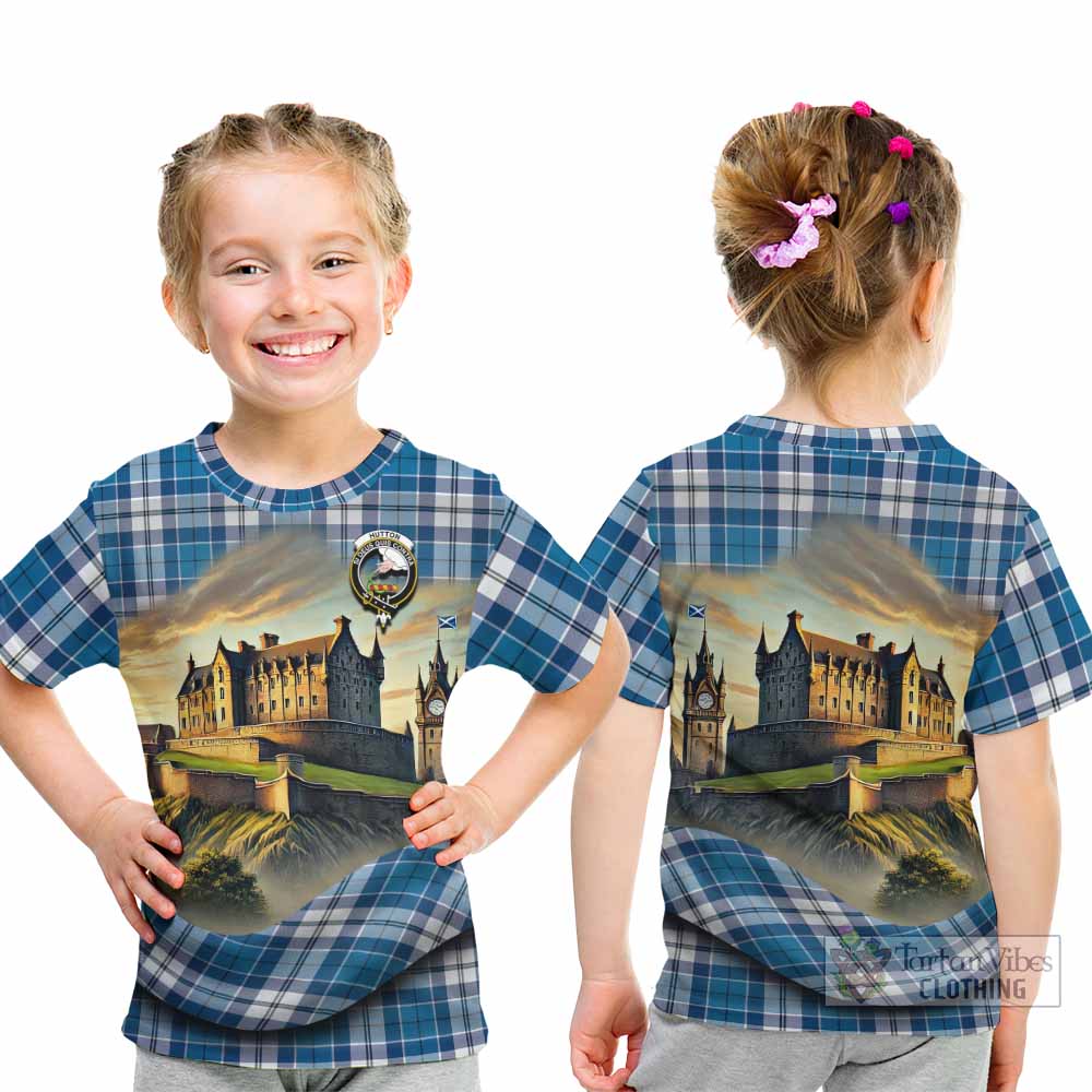 Hutton Tartan Family Crest Kid T-Shirt with Scottish Ancient Castle Style - Tartan Vibes Clothing