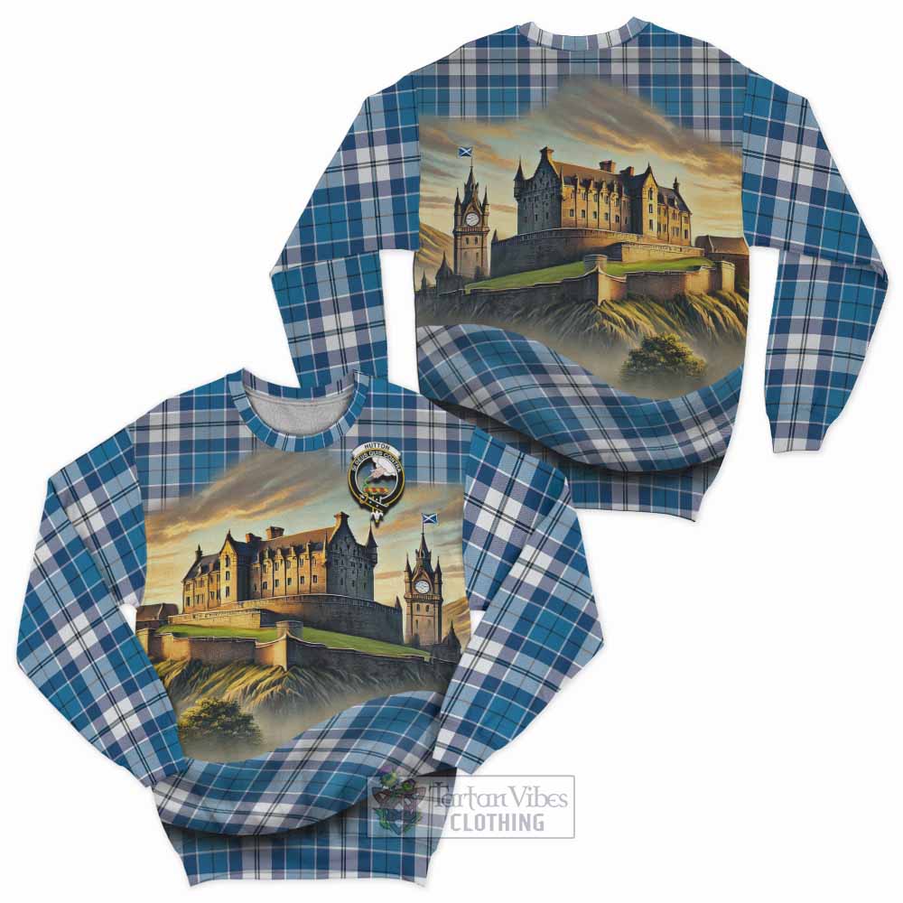 Hutton Tartan Family Crest Sweatshirt with Scottish Ancient Castle Style - Tartan Vibes Clothing