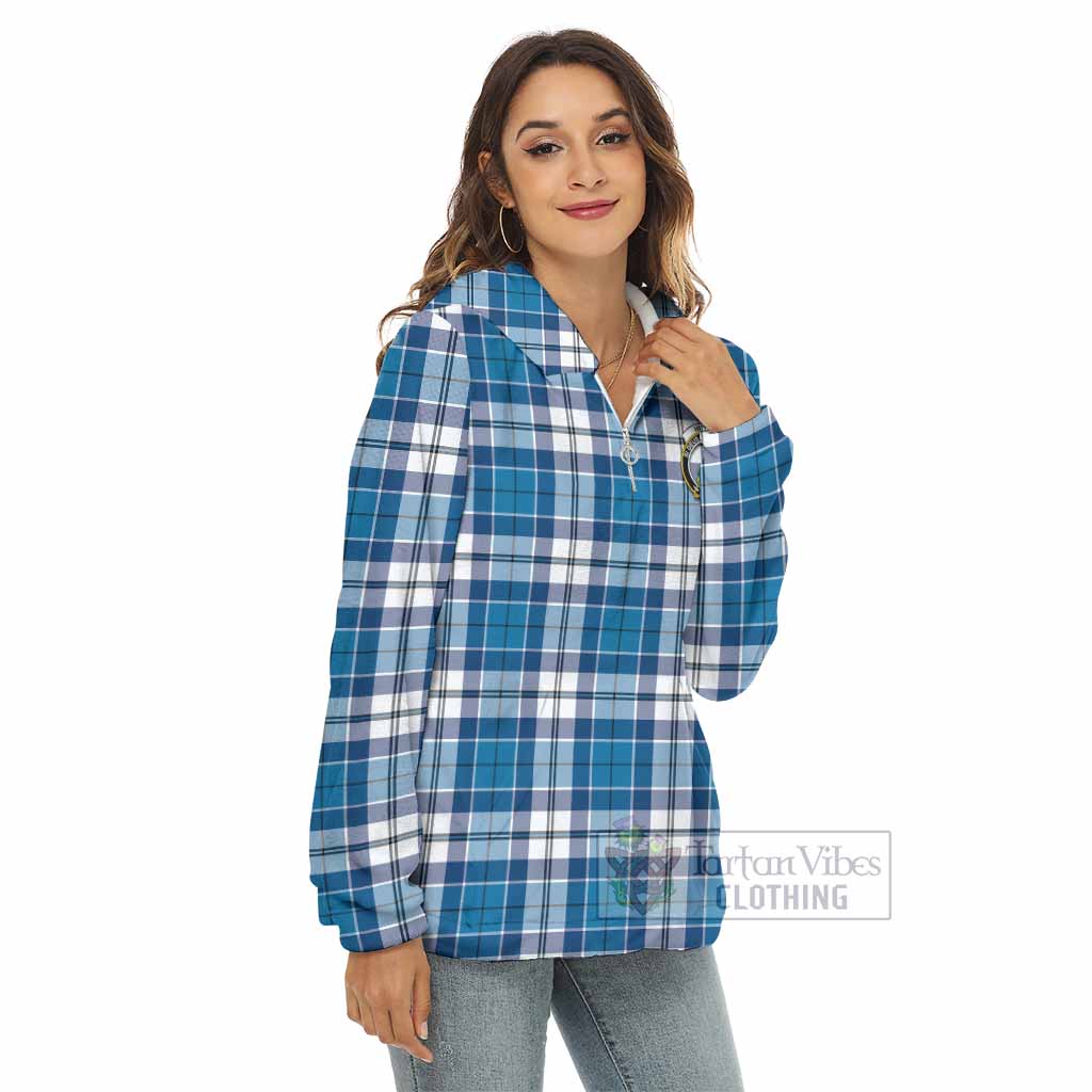 Hutton Tartan Women's Borg Fleece Hoodie with Half Zip with Family Crest - Tartan Vibes Clothing