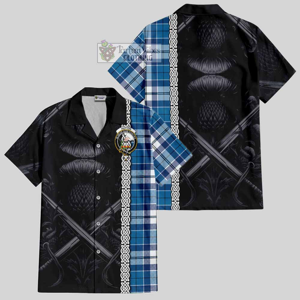 Hutton Tartan Hawaiian Shirt with Family Crest Cross Sword Thistle Celtic Vibes - Tartan Vibes Clothing