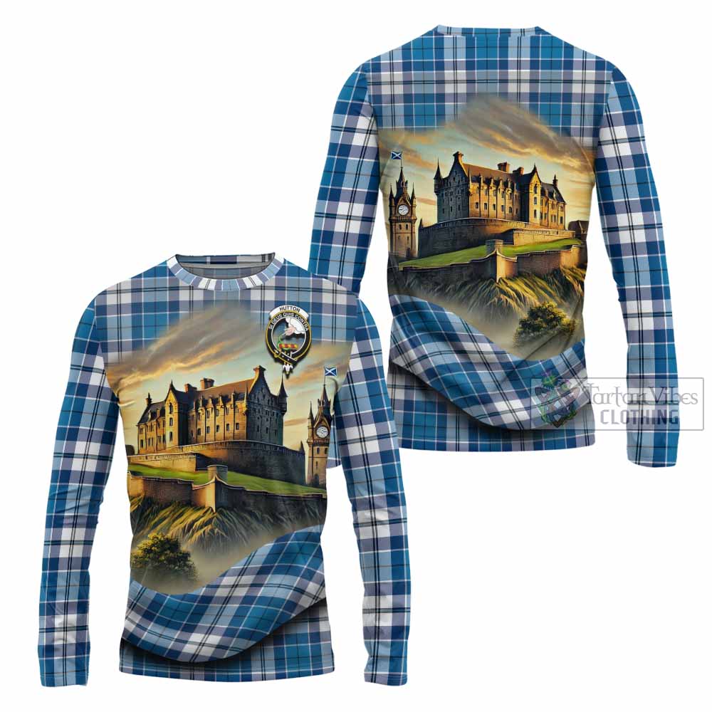 Hutton Tartan Family Crest Long Sleeve T-Shirt with Scottish Ancient Castle Style - Tartan Vibes Clothing