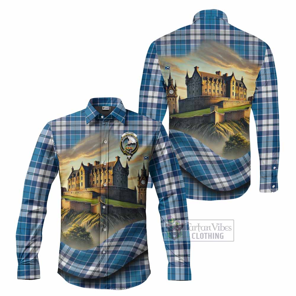Tartan Vibes Clothing Hutton Tartan Family Crest Long Sleeve Button Shirt with Scottish Ancient Castle Style