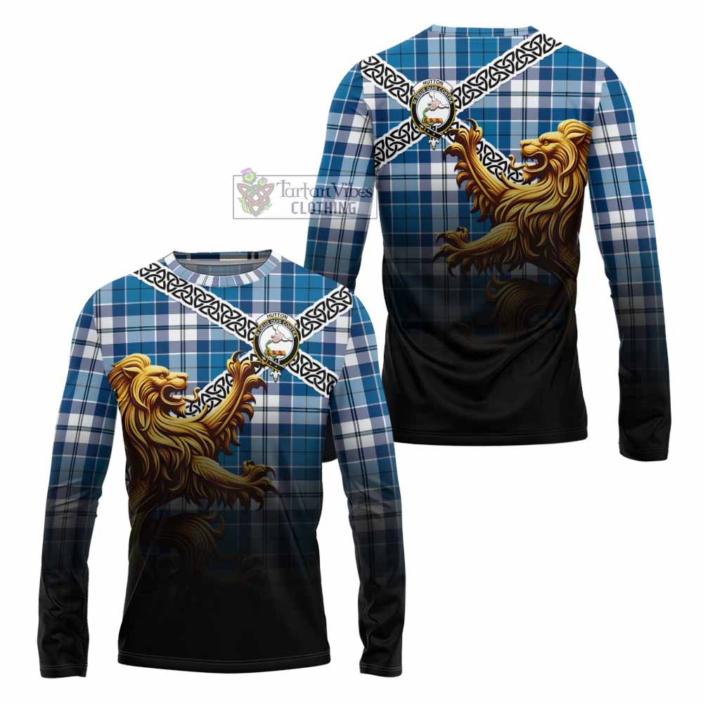 Hutton Crest Tartan Long Sleeve T-Shirt with Golden Lion Emblem Celtic Style - Tartan Vibes Clothing