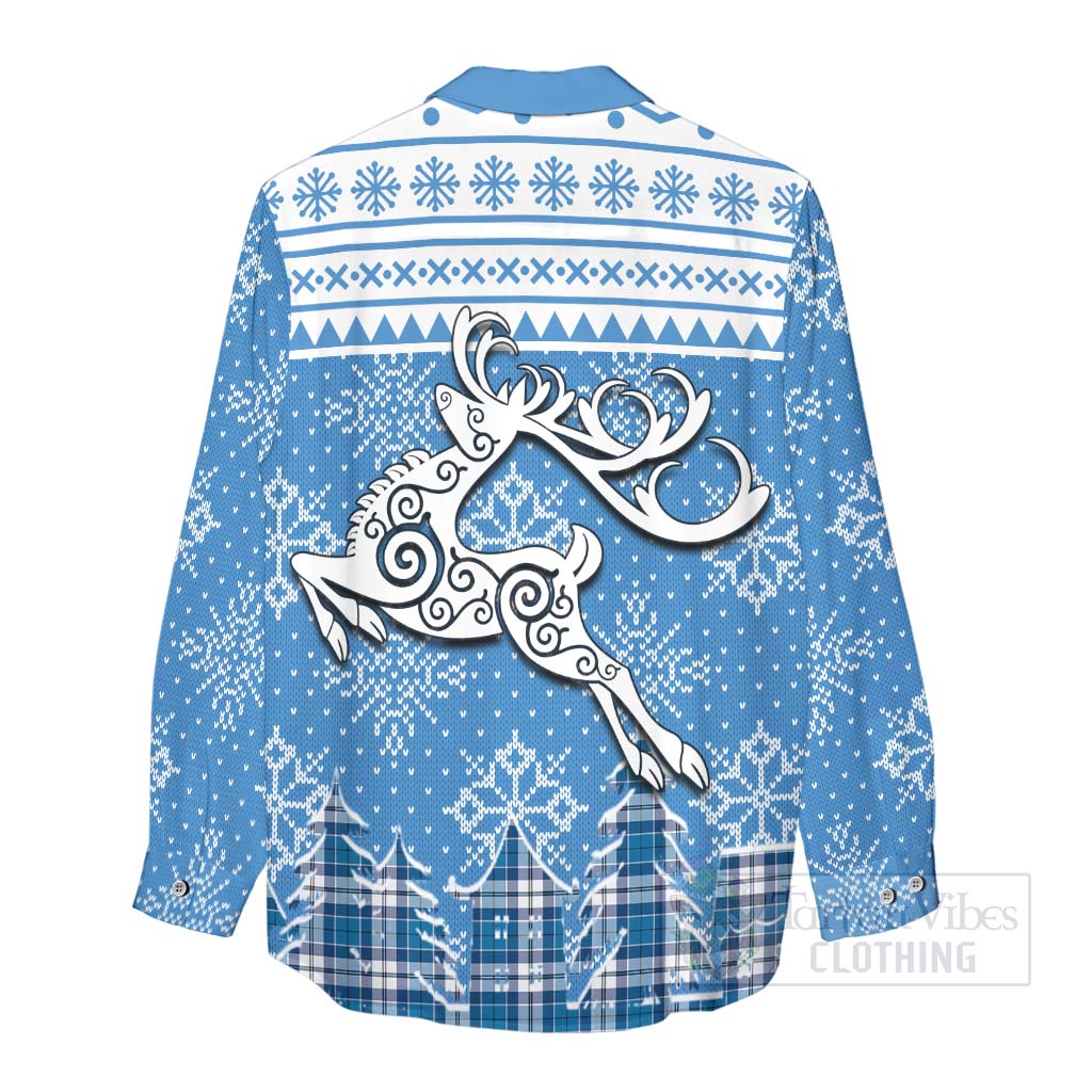 Hutton Clan Christmas Women's Casual Shirt Celtic Reindeer Style - Tartan Vibes Clothing