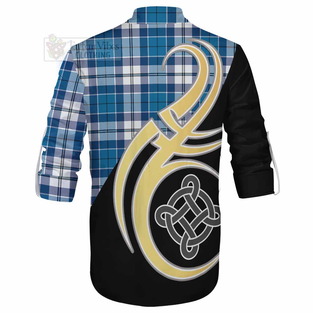 Hutton Tartan Ghillie Kilt Shirt with Family Crest and Celtic Symbol Style - Tartan Vibes Clothing