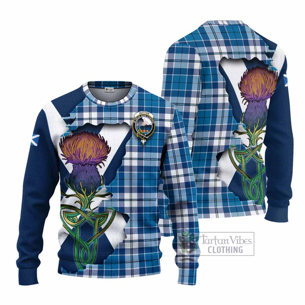 Tartan Vibes Clothing Hutton Tartan Family Crest Knitted Sweater Scottish Thistle Celtic Inspired