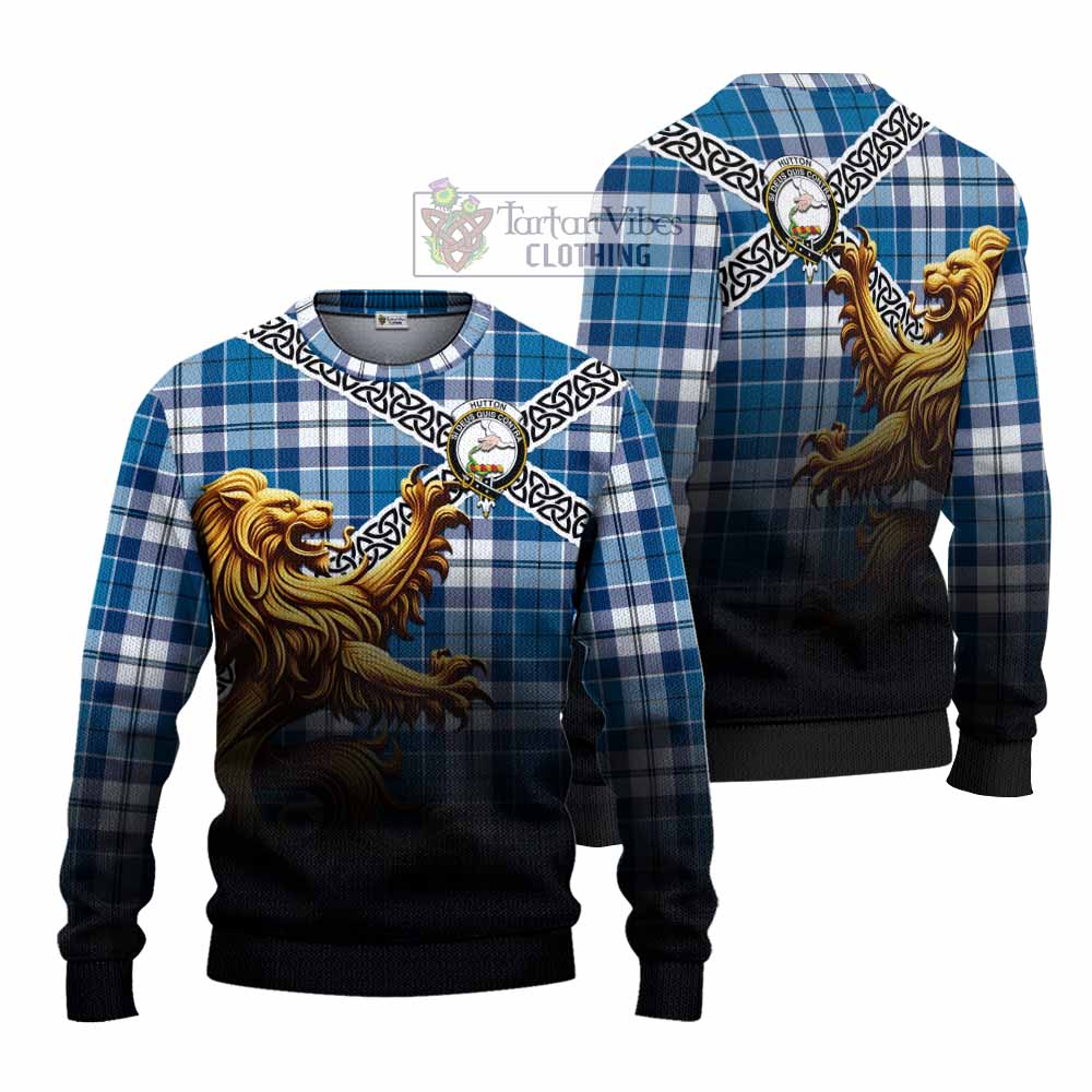 Hutton Crest Tartan Knitted Sweater with Golden Lion Emblem Celtic Style - Tartan Vibes Clothing